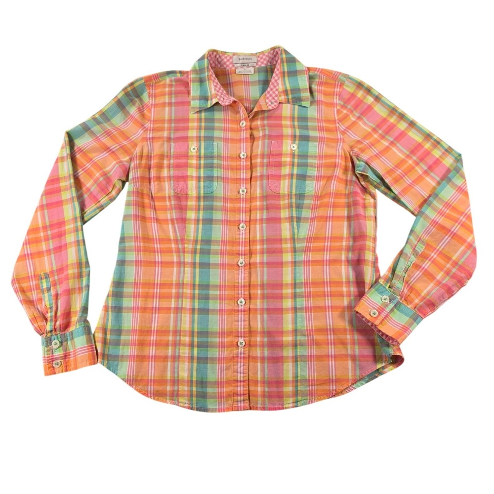 Classic Fit Pastel Plaid Coastal Prep Button Up Top Womens M Van Heusen